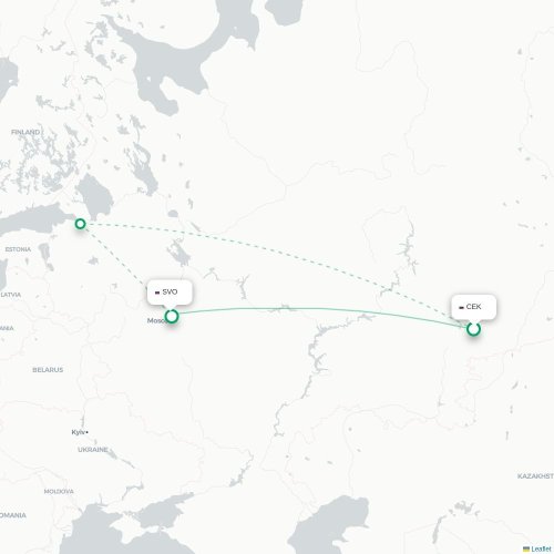 Mapa de vuelo directo Cheliábinsk - Moscú