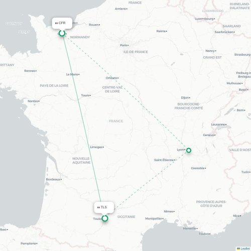 Mapa de vuelo directo Caen - Toulouse