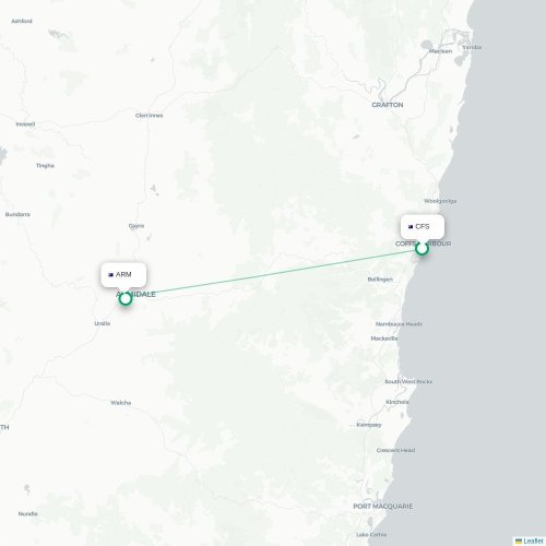 Mapa lotu bezpośredniego Coffs Harbour – Armidale