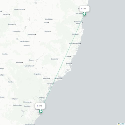Mapa lotu bezpośredniego Coffs Harbour – Sydney