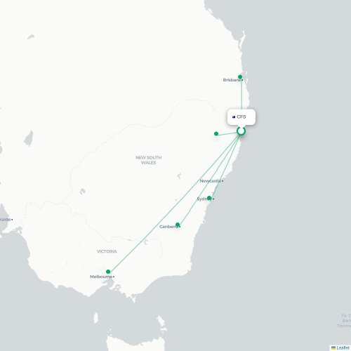 Mapa lotu bezpośredniego Coffs Harbour – Melbourne