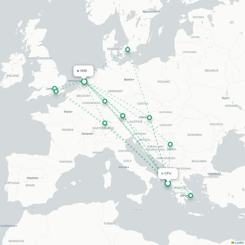 Korfu, Corfu - Amsterdam kort over direkte fly