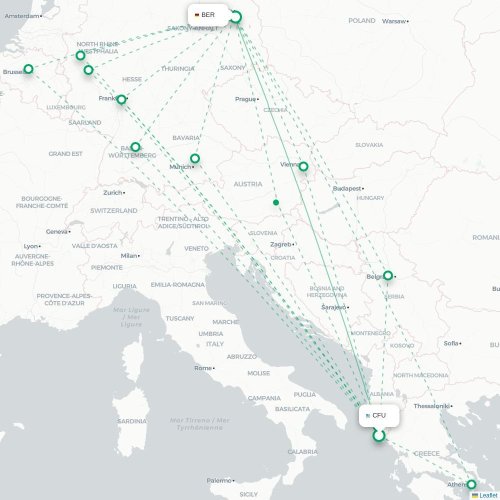 Mapa de vuelo directo Corfú, Corfú - Berlín