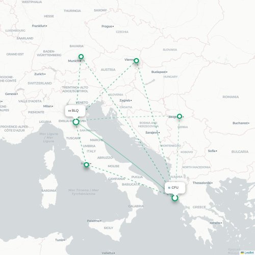 Mapa de vuelo directo Corfú, Corfú - Bolonia