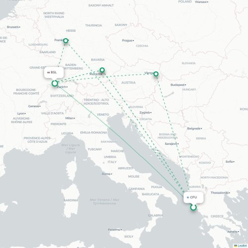 Mapa de vuelo directo Corfú, Corfú - Basilea, Suiza