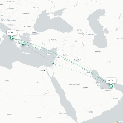 Mapa de vuelo directo Corfú, Corfú - Dubái