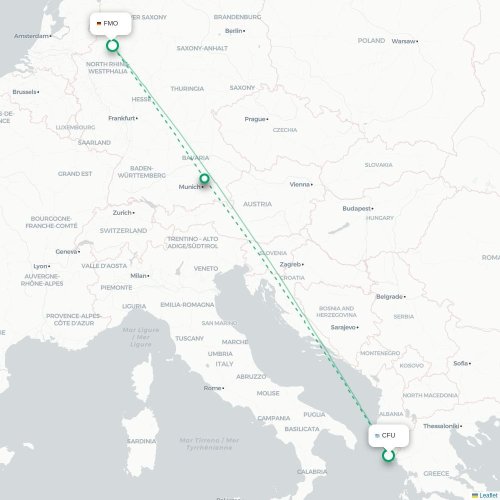 Mapa de vuelo directo Corfú, Corfú - Münster