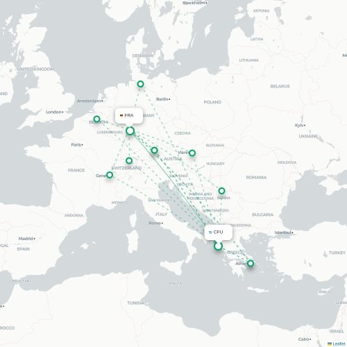 Mapa de vuelo directo Corfú, Corfú - Fráncfort