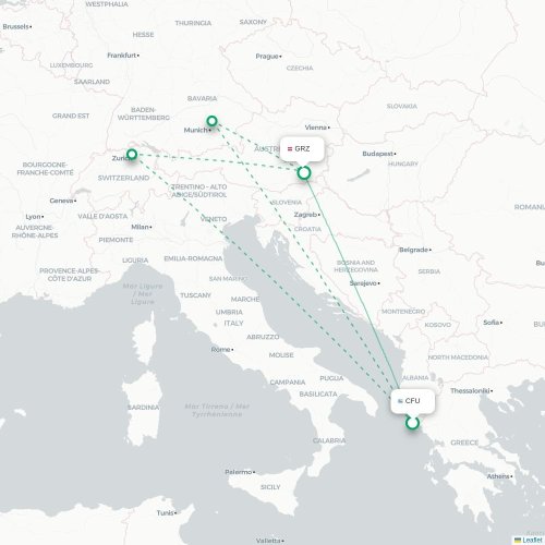Korfu - Graz karta över direktflyg