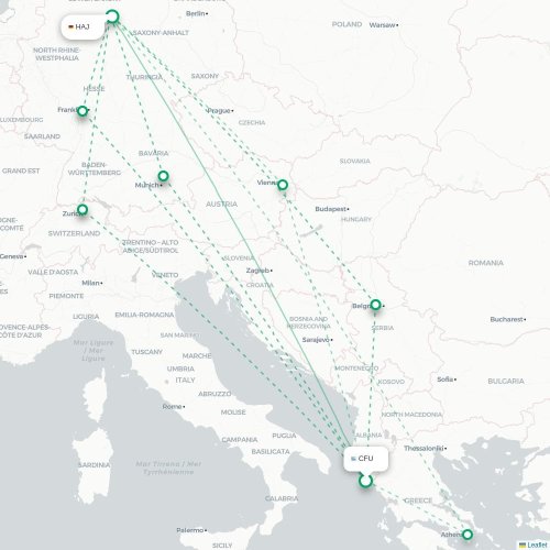 Mapa de vuelo directo Corfú, Corfú - Hannover