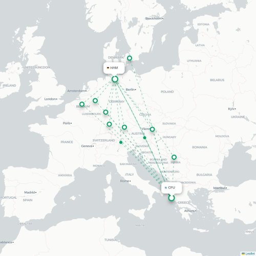 Mapa de vuelo directo Corfú, Corfú - Hamburgo