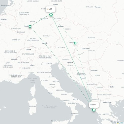 Mapa de vuelo directo Corfú, Corfú - Leipzig