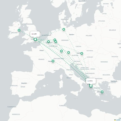 Mapa de vuelo directo Corfú, Corfú - Londres