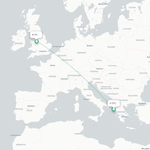 Mapa de vuelo directo Corfú, Corfú - Liverpool