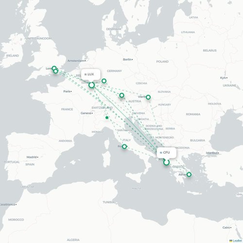 Mapa lotu bezpośredniego Korfu, Korfu – Luksemburg
