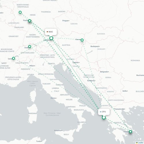 Mapa de vuelo directo Corfú, Corfú - Múnich
