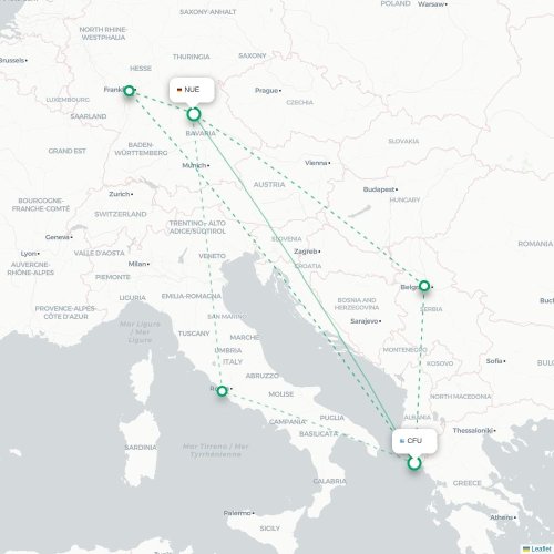 Mapa lotu bezpośredniego Korfu, Korfu – Norymberga