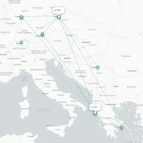 Mapa lotu bezpośredniego Korfu, Korfu – Praga