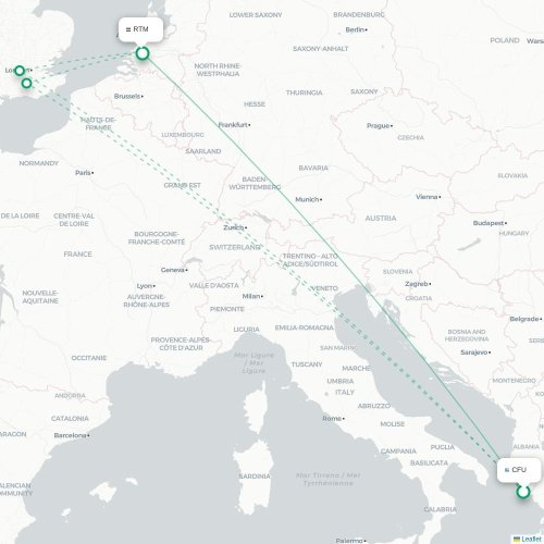 Korfu, Corfu - Rotterdam kort over direkte fly