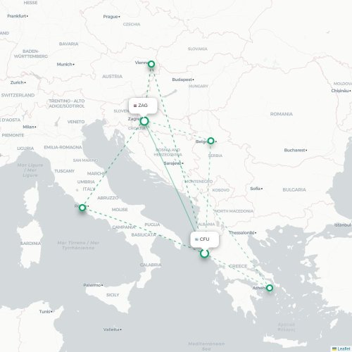 Mapa lotu bezpośredniego Korfu, Korfu – Zagrzeb
