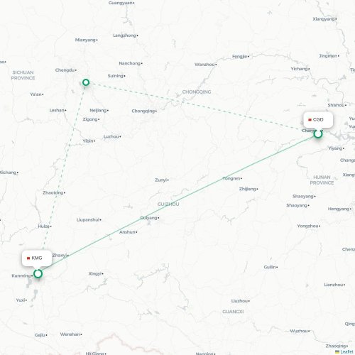 Mapa de vuelo directo Changde - Kunming
