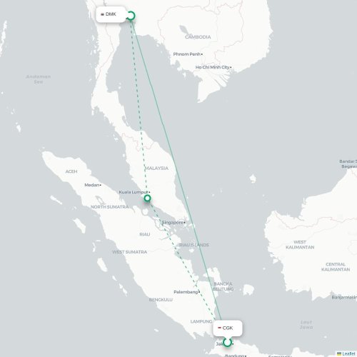 Mapa lotu bezpośredniego Dżakarta – Bangkok