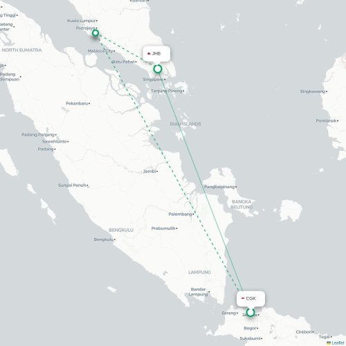 Mapa lotu bezpośredniego Dżakarta – Johor Bahru