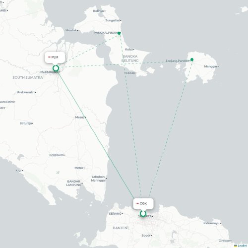 Mapa lotu bezpośredniego Dżakarta – Palembang