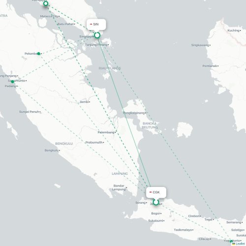 Mapa lotu bezpośredniego Dżakarta – Singapur