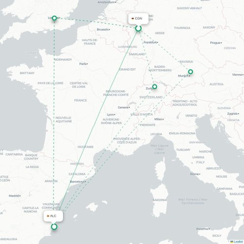 Keulen - Alicante kaart van rechtstreekse vlucht