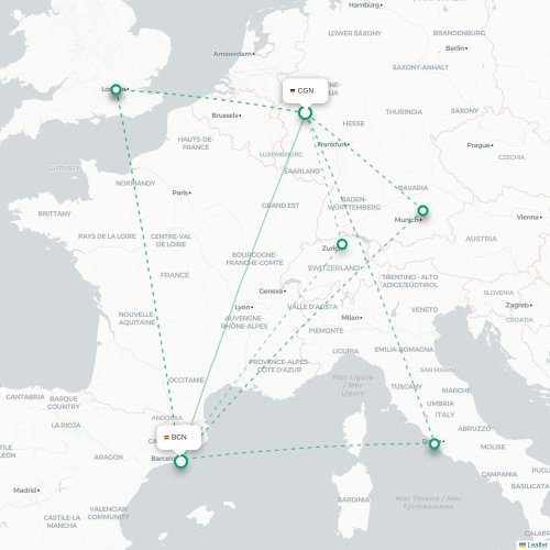 Mapa de vuelo directo Colonia - Barcelona