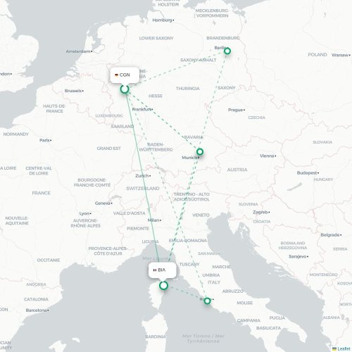 Mapa lotu bezpośredniego Kolonia – Bastia