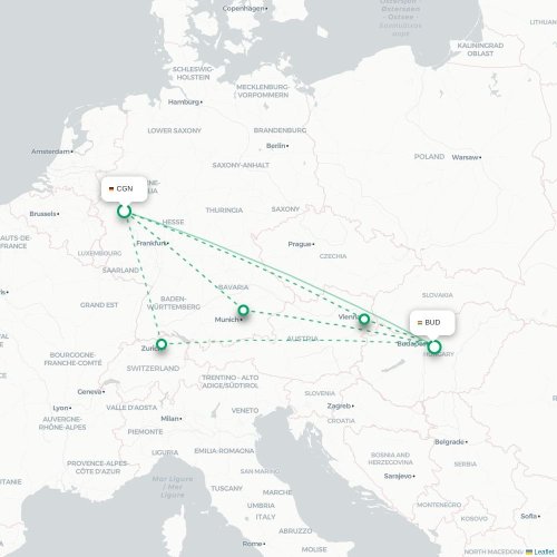 Mapa de vuelo directo Colonia - Budapest