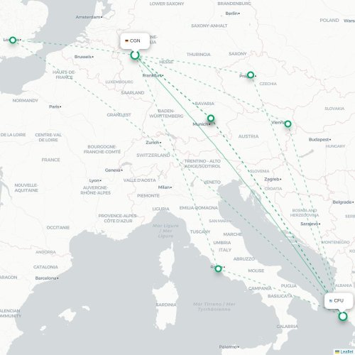 Mapa de vuelo directo Colonia - Corfú, Corfú