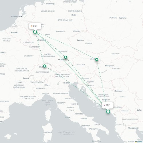 Mapa de vuelo directo Colonia - Dubrovnik