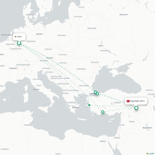 Mapa de vuelo directo Colonia - Diyarbakır