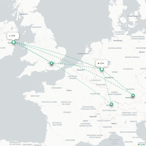 Mapa lotu bezpośredniego Kolonia – Dublin