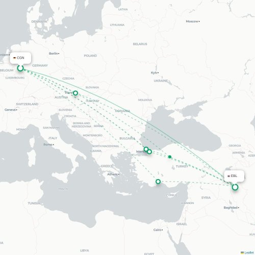 Mapa de vuelo directo Colonia - Erbil