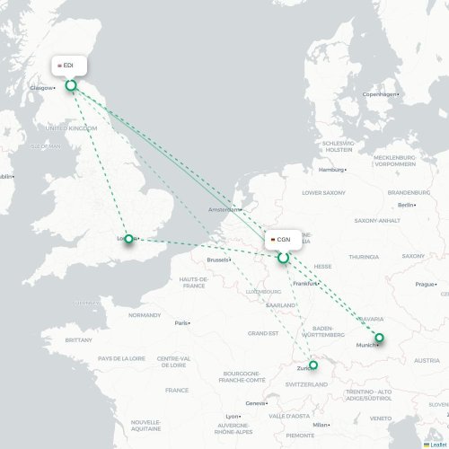 Mapa de vuelo directo Colonia - Edimburgo