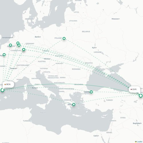 Mapa de vuelo directo Colonia - Ereván