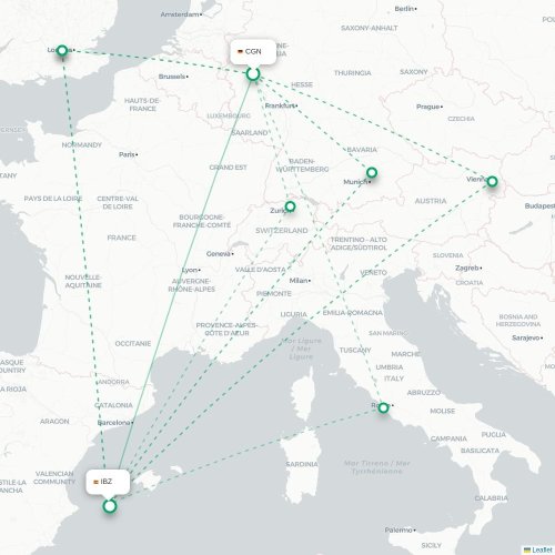 Mapa de vuelo directo Colonia - Ibiza