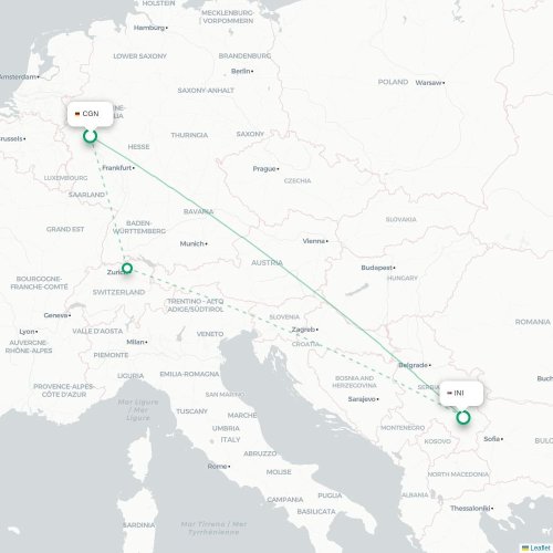 Mapa de vuelo directo Colonia - Niš