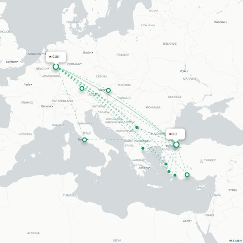 Mapa de vuelo directo Colonia - Estambul