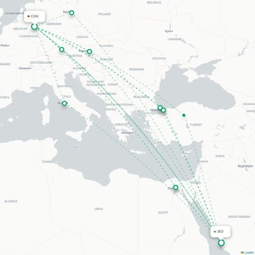 Köln - Jeddah karta över direktflyg