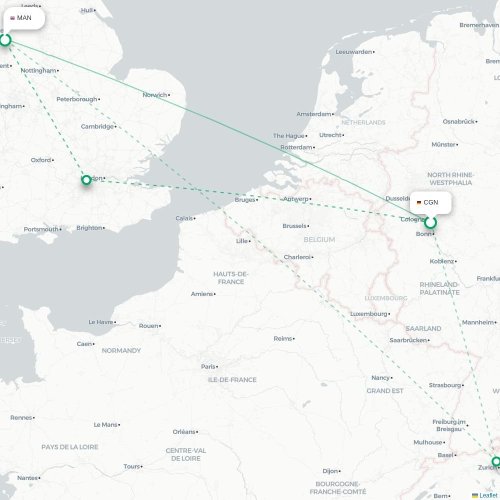 Mapa de vuelo directo Colonia - Mánchester