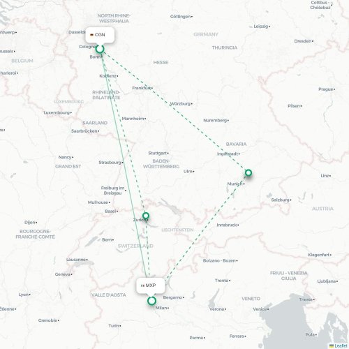 Keulen - Milaan kaart van rechtstreekse vlucht