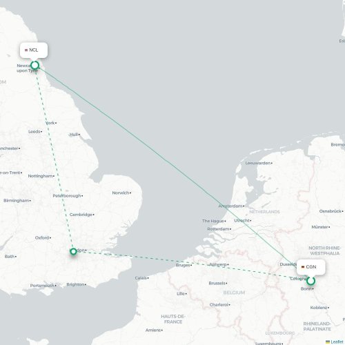 Mapa de vuelo directo Colonia - Newcastle-upon-Tyne