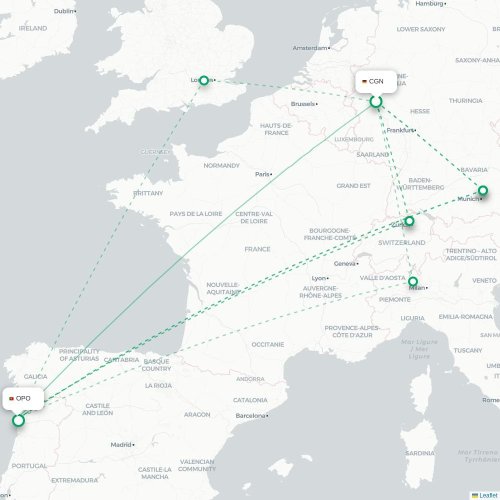 Köln - Porto karta över direktflyg
