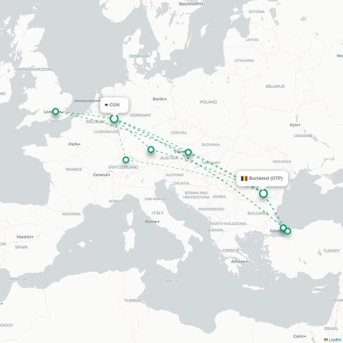 Mapa de vuelo directo Colonia - Bucarest
