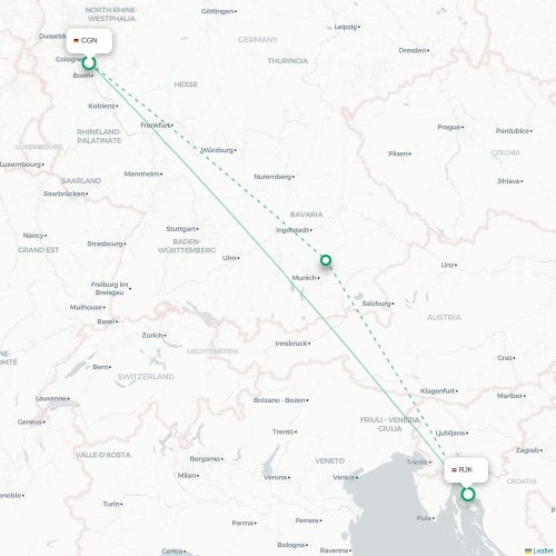 Mapa de vuelo directo Colonia - Rijeka